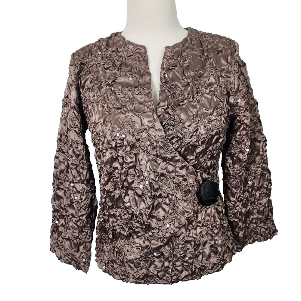 Cachet Evening Wear Top Sequin Faux Wrap Party Formal Women Size Small Brown